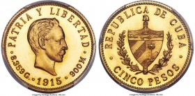 Republic gold Proof 5 Pesos 1915 PR66 Cameo PCGS, Philadelphia mint, KM19, Fr-4. Mintage: 50. A desirable Proof issue owing a large degree of its inte...