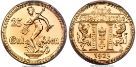 Free City gold Proof 25 Gulden 1923 PR65 Cameo PCGS, Berlin mint, KM148, Parchimowicz-70b. Mintage: 200. A phenomenally radiant Proof striking for the...