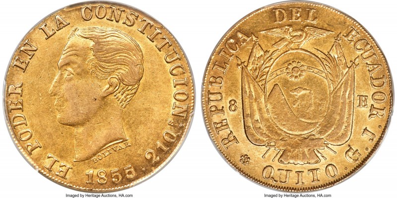 Republic gold 8 Escudos 1855/2 QUITO-GJ AU53 PCGS, Quito mint, KM34.1, Fr-8, Onz...