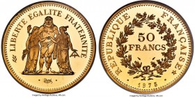 Republic gold Proof Piefort 50 Francs 1975 PR68 Ultra Cameo NGC, Paris mint, KM-P537. Mintage: 74. Bordering on technical perfection for this low-mint...