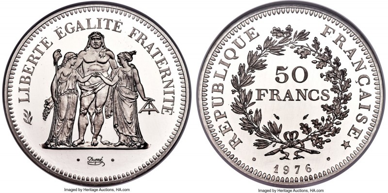 Republic platinum Proof Piefort 50 Francs 1976 PR68 Ultra Cameo NGC, Paris mint,...