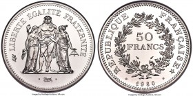 Republic platinum Proof Piefort 50 Francs 1980 PR67 Ultra Cameo NGC, Paris mint, KM-P682. Mintage: 34. A bold representative of this heavy type boasti...