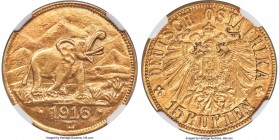German Colony. Wilhelm II gold 15 Rupien 1916-T MS63 NGC, Tabora mint, KM16.2, J-728b. Arabesque below the T in "OSTAFRIKA" variety. A highly appealin...