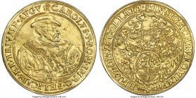 Hildesheim. Free City gold 5 Goldgulden ND (1614-1622) AU58 NGC, KM-M1.1, Fr-1310, Schulten-1270, OIE-251 var. (R; there, with less ornate drapery fro...