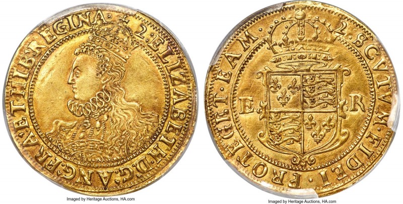 Elizabeth I (1558-1603) gold Pound ND (1602) AU55 PCGS, Tower mint, "1" mm, Seve...