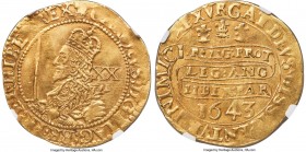 Charles I gold Unite (20 Shillings) 1643 XF40 NGC, Oxford mint, Plume mm, KM254, S-2734, N-2389, Brooker-851. A still-lustrous representative boasting...