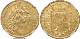 William & Mary gold 5 Guineas 1693 UNC Details (Scratches) NGC, KM479.1, S-3422. QVINTO edge. The second-to-last date of this only 4-year type that pr...