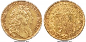 William & Mary gold 5 Guineas 1693 AU50 PCGS, KM479.1, S-3422. QVINTO edge. A thoroughly elusive type from the relatively short-lived joint monarchy o...
