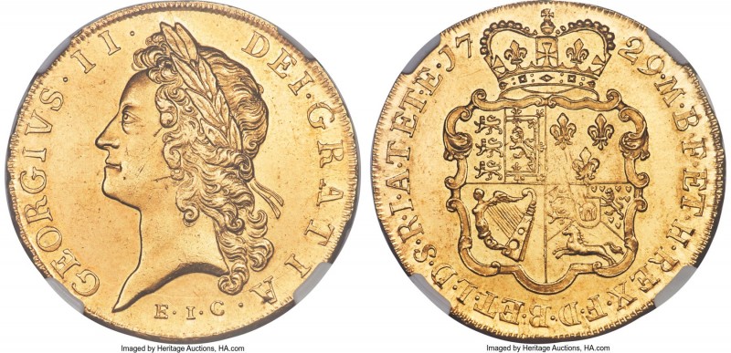 George II gold "East India Company" 5 Guineas 1729 MS63 NGC, KM571.2, S-3664, Sc...