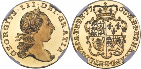 George III gold Proof Pattern Guinea 1763 PR64 Cameo NGC, KM-PnA44, S-3726, W&R-87 var. (R6; but there, with top leaf pointing to stop), Schneider-Unl...