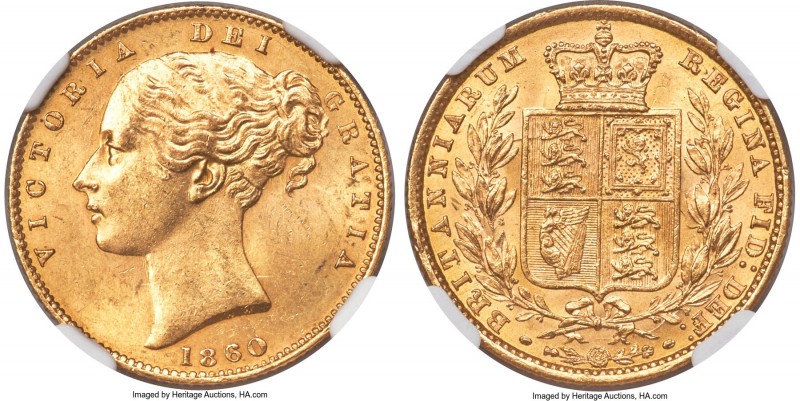 Victoria gold Sovereign 1860 MS65 NGC, KM736.1, S-3852D. Tied for the finest cer...