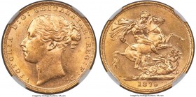 Victoria gold Sovereign 1879 MS63 NGC, KM752, S-3856A, Marsh-90 (R4). Serving as an uncontestable rarity of the British Sovereign series, the 1879 Vic...