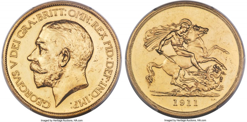 George V gold Proof 5 Pounds 1911 PR62 PCGS, KM822, S-3994, W&R-414. Mintage: 2,...