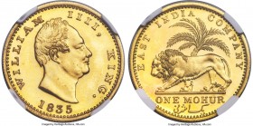 British India. William IV gold Proof Restrike Mohur 1835-(b) PR65 NGC, Bombay mint, KM451.1, Prid-17, S&W-1.16. Reeded edge. A notably difficult issue...