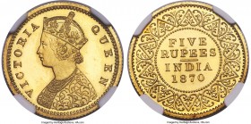 British India. Victoria gold Proof Restrike 5 Rupees 1870-CM PR65+ Cameo NGC, Calcutta mint, KM474, Prid-40, S&W-4.23. Young bust with C.M. initials o...