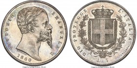 Emilia. Vittorio Emanuele II 5 Lire 1860-B MS62 NGC, Bologna mint, KM13, Pag-433, MIR-1063b (R2). Only a two-year type produced in northern Italy just...
