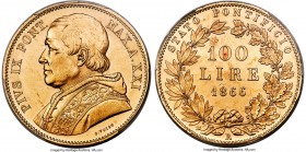 Papal States. Pius IX gold 100 Lire Anno XXI (1866)-R MS62 PCGS, Rome mint, KM1383, Fr-278. Located at the upper end of quality seen for this issue, w...