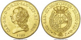 Sardinia. Carlo Emanuele III gold 5 Doppie 1755 AU58 NGC, Turin mint, KM53, MIR-941a (R5), Mont-117 (R3). 48.03gm. A superb representative of this lar...