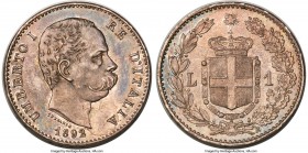 Umberto I Lira 1892-R MS63 NGC, Rome mint, KM24.1, MIR-1103e (R2), Gig-39 (R2), Mont-51 (R2). Mintage: 32,000. Virtually immaculate quality for this i...