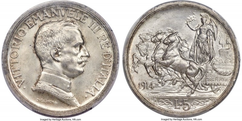 Vittorio Emanuele III 5 Lire 1914-R MS65 PCGS, Rome mint, KM56, Dav-144, Pag-708...