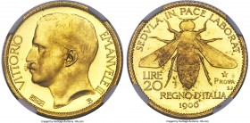Vittorio Emanuele III gold Proof Prova 20 Lire 1906-Dated PR66 Cameo NGC, Milan mint, KM-Pr3, Pag-176 (R4), Sim-38, Mont-93. Obverse: Bare head, left;...