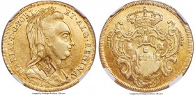French Colony gold Regulated/Counterstamped 22 Livres ND (c. 1805) AU55 NGC, KM35, Prid-35, Gordon Variety B (Reworked). 14.3gm. Displaying a 22 over ...