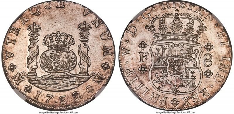 Philip V "Milled" 8 Reales 1732 Mo-F MS61 NGC, Mexico City mint, KM103, Cal-774,...