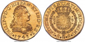 Philip V gold 8 Escudos 1743/2 Mo-MF MS62 NGC, Mexico City mint, cf. KM148 (overdate unlisted), Cal-138, Onza-440 (Very Rare). An exceedingly difficul...