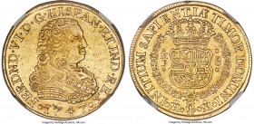 Ferdinand VI gold 8 Escudos 1747 Mo-MF AU53 NGC, Mexico City mint, KM149, Onza-596. An exceedingly rare one-year type struck in Mexico in 1747 from lo...