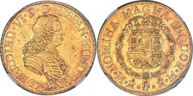 Ferdinand VI gold 8 Escudos 1758 Mo-MM AU55 NGC, Mexico City mint, KM152, Onza-609 (Extremely Rare). A visually bold representative displaying the for...