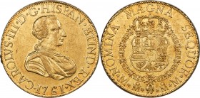 Charles III gold "Order on Chest" 8 Escudos 1761 Mo-MM AU53 NGC, Mexico City mint, KM154, Onza-743. Order-on-chest variety. A well-preserved example u...