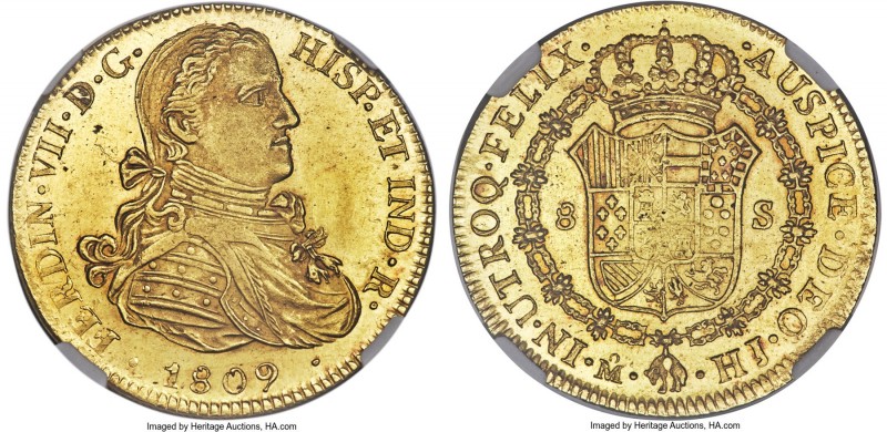 Ferdinand VII gold 8 Escudos 1809 Mo-HJ MS66 S NGC, Mexico City mint, KM160, Cal...