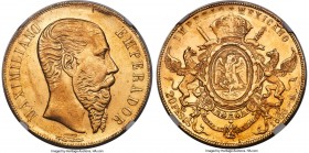 Maximilian gold 20 Pesos 1866-Mo MS64 NGC, Mexico City mint, KM389, Fr-62. A type which seldom comes meaningfully finer--a fact reinforced by just one...