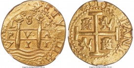 Philip V gold Cob 8 Escudos 1711 L-M AU58 NGC, Lima mint, KM38.2, Onza-239 (Rare). 26.9gm. An always well-sought and relatively early date for the typ...