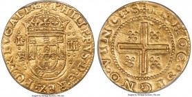 Philip II (Philip III of Spain) gold 4 Cruzados ND (1598-1620) AU55 PCGS, Lisbon mint, KM9.2 (Rare), Fr-53, Gomes-28.01. 12.07gm. A standout represent...