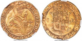 James VI (I) gold Unite (Scepter) ND (1604-1609) AU55 NGC, Edinburgh mint, Thistle mm, KM28, Fr-48, S-5463. 9.94gm. Edging on Mint State preservation,...
