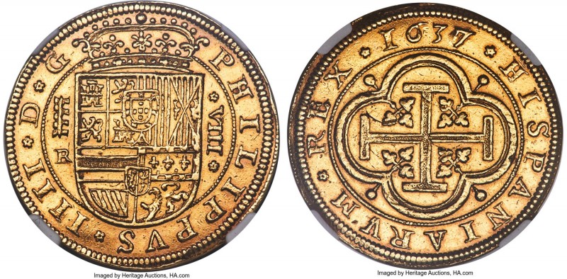 Philip IV gold 8 Escudos 1637/6 (Aqueduct)-R AU Details (Mount Removed) NGC, Seg...