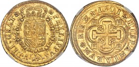 Philip V gold 8 Escudos 1701 S-M MS63 NGC, Seville mint, KM259, Fr-247. "VIII", Flower with Stems at Fleece variety. A substantial gold representative...