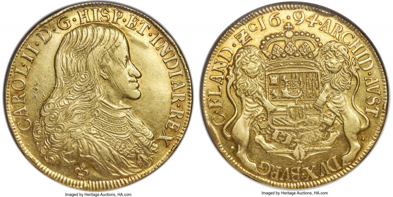 Flanders. Charles II gold Ducaton d'Or (8 Souverain d'Or) 1694 AU55 NGC, Bruges ...