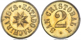 Tachira State brass 2 Reales Token 1872 MS65 PCGS, San Cristobal mint, KM-S2 (Rare), Rulau-Tch9. Variety with star below denomination. The rarer of th...