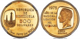 Republic gold Proof "Oil Industry Nationalization" 500 Bolivares 1975 PR65 Ultra Cameo NGC, KM-Y54, Fr-9. Struck to commemorate the nationalization of...