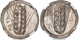 LUCANIA. Metapontum. Ca. 510-470 BC. AR stater (23mm, 7.63 gm, 12h). NGC Choice XF 5/5 - 4/5. META, six-grained barley ear; guilloche border on raised...