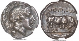 LUCANIA. Thurium. Ca. 443-400 BC. AR stater or nomos (20mm, 7.88 gm, 8h). NGC AU S 5/5 - 4/5. Head of Athena right wearing laureate crested Attic helm...