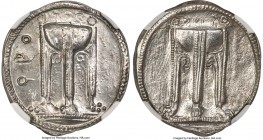BRUTTIUM. Croton. Ca. 530-500 BC. AR stater or nomos (30mm, 8.49 gm, 12h). NGC MS 5/5 - 3/5, brushed. ϘPO, ornamented tripod in relief set on beaded d...