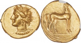 ZEUGITANA. Carthage. Ca. 350-320 BC. AV stater (20mm, 9.33 gm, 10h). NGC Choice AU 4/5 - 4/5, Fine Style. Bust of Tanit left, hair wreathed with barle...
