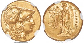 MACEDONIAN KINGDOM. Philip III Arrhidaeus (323-317 BC). AV stater (19mm, 8.60 gm, 11h). NGC MS 5/5 - 4/5. Lifetime issue of Lampsacus. Head of Athena ...