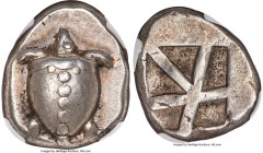 SARONIC ISLANDS. Aegina. Ca. 480-457 BC. AR stater (22mm, 12.27 gm). NGC Choice XF S 5/5 - 4/5. Sea turtle, viewed from above, head turned sideways, w...