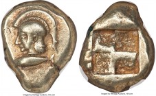 MYSIA. Cyzicus. Ca. 550-450 BC. EL stater (22mm, 16.06 gm). NGC VF S 5/5 - 4/5. Head of Athena left, wearing crested Attic helmet, the crest box ornam...