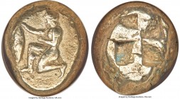 MYSIA. Cyzicus. Ca. 500-450 BC. EL stater (18mm, 16.07 gm). NGC XF 4/5 - 4/5. Nude youth kneeling left, holding tunny fish by the tail in right hand, ...