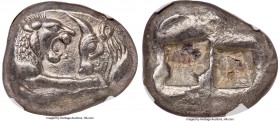 LYDIAN KINGDOM. Croesus (561-546 BC). AR stater or double siglos (20mm, 10.45 gm). NGC AU 5/5 - 4/5. Sardes. Confronted foreparts of lion right and bu...